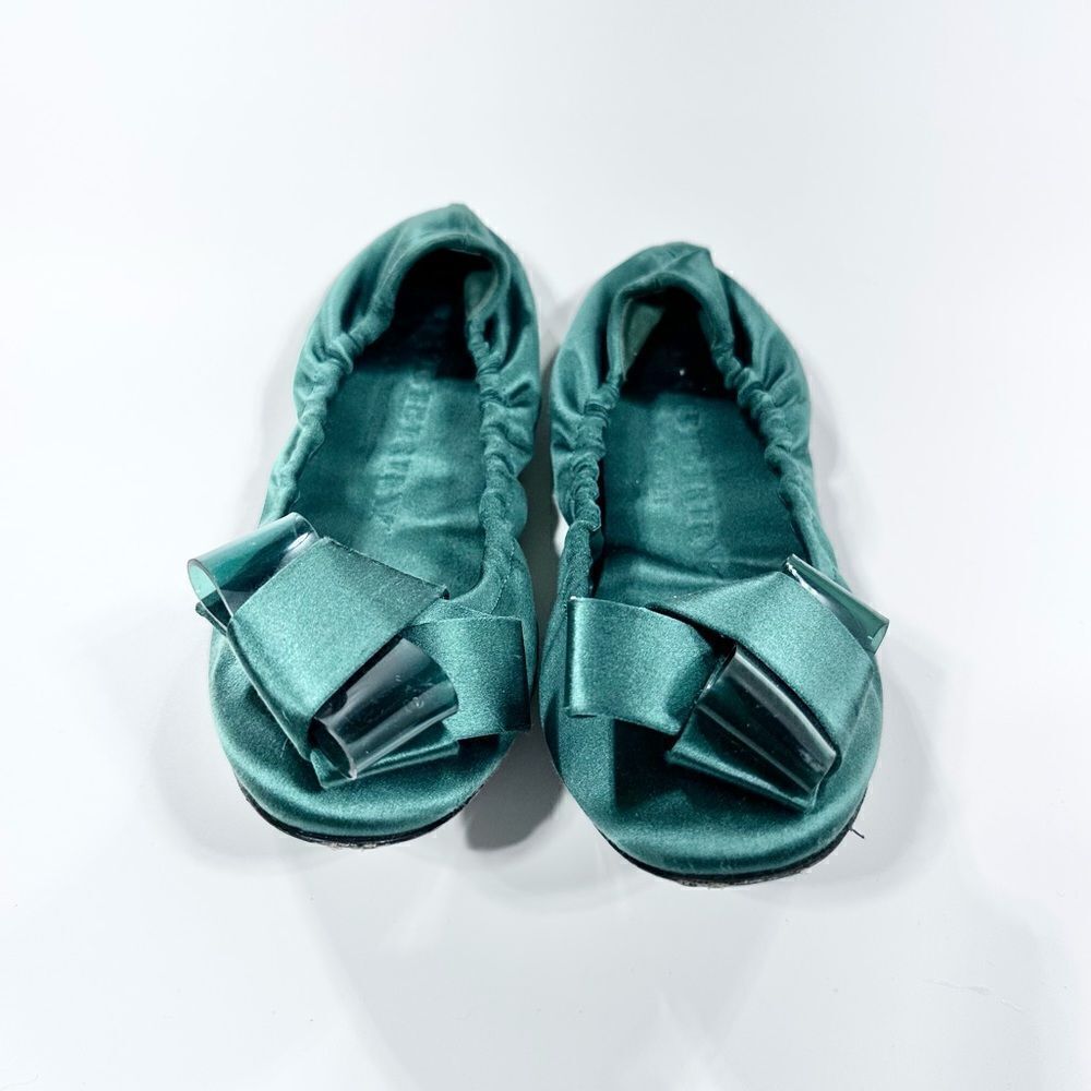 Burberry Prorsum emerald green satin surrey bow top flats 35